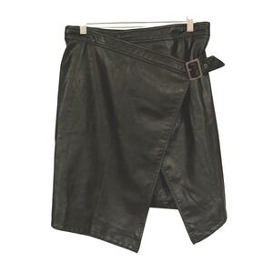 H&M Black Faux Leather‎ Wrap Skirt Buckle Belted Asymmetrical Midi